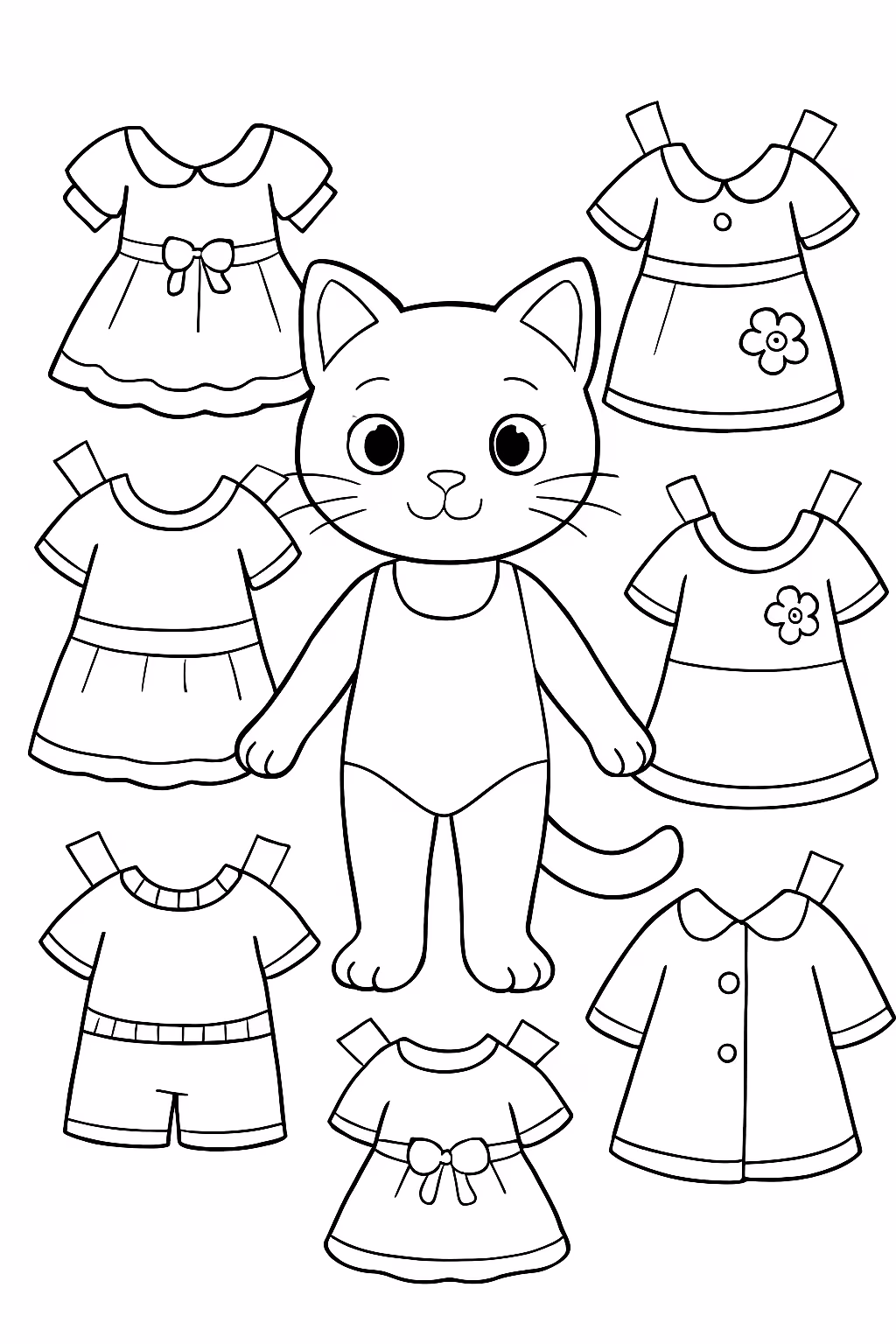 Gato paper doll com muitas roupinhas coloridas para colorir — desenho para imprimir