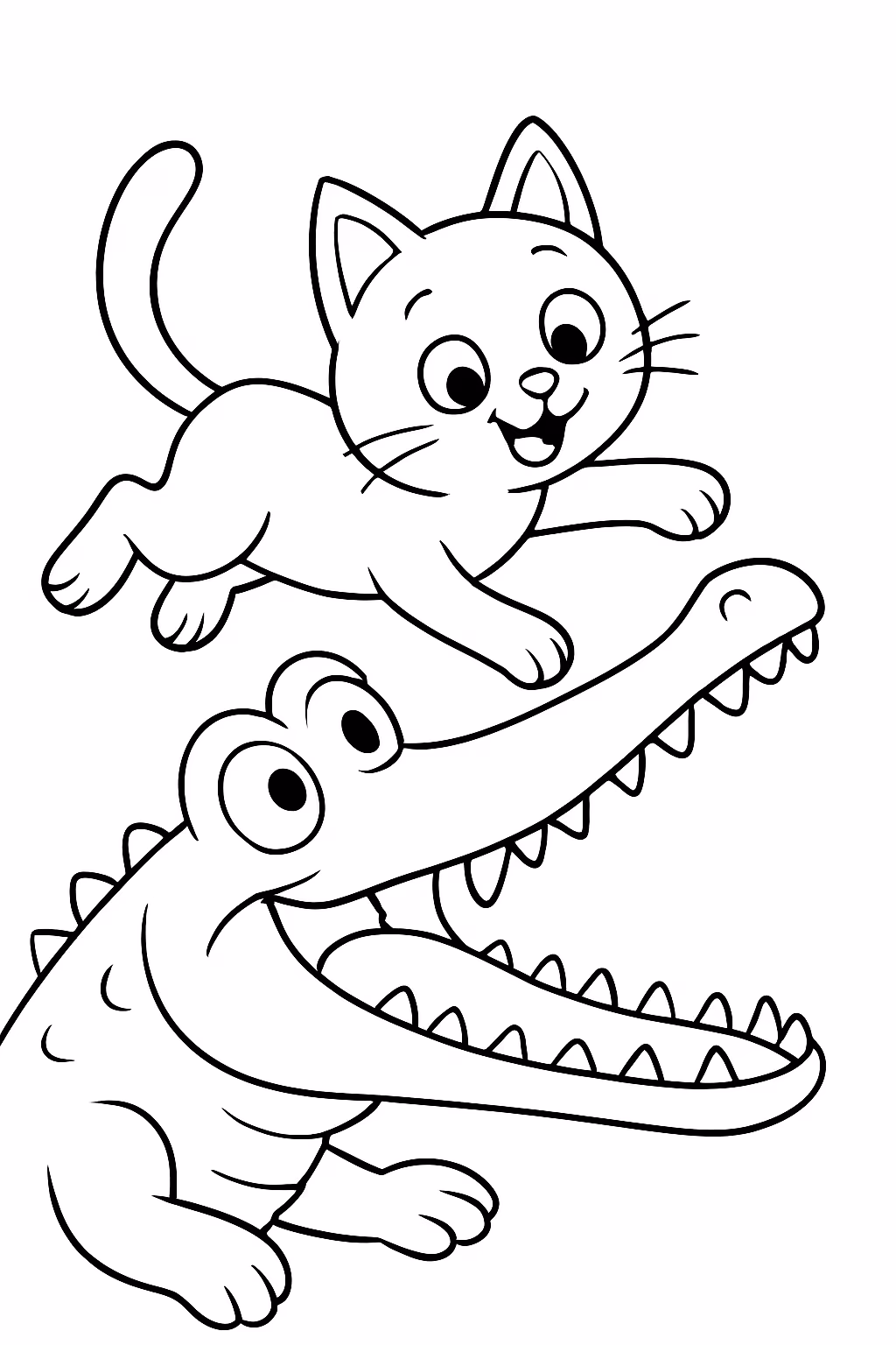 Gato pulando na boca do jacare para colorir — desenho para imprimir