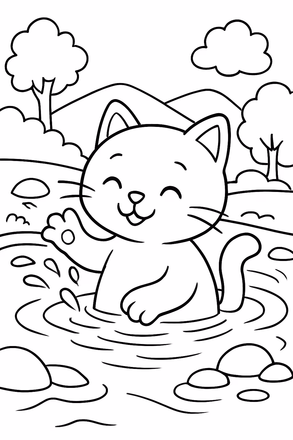 Gato tomando banho no rio para colorir — desenho para imprimir