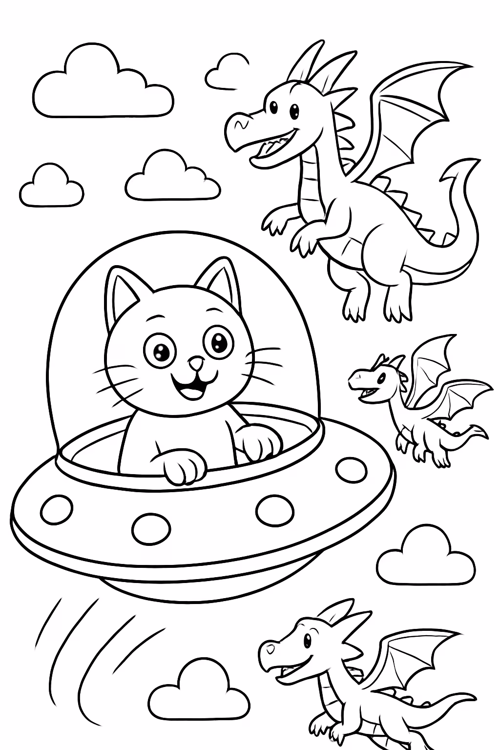 Gato voando em disco voador seguido por dragoes para colorir — desenho para imprimir