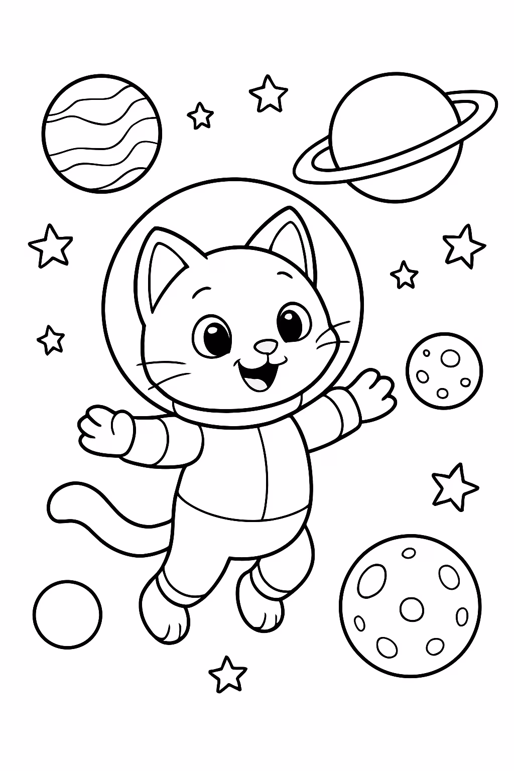 Gato voando nomeio dos planetas para colorir — desenho para imprimir