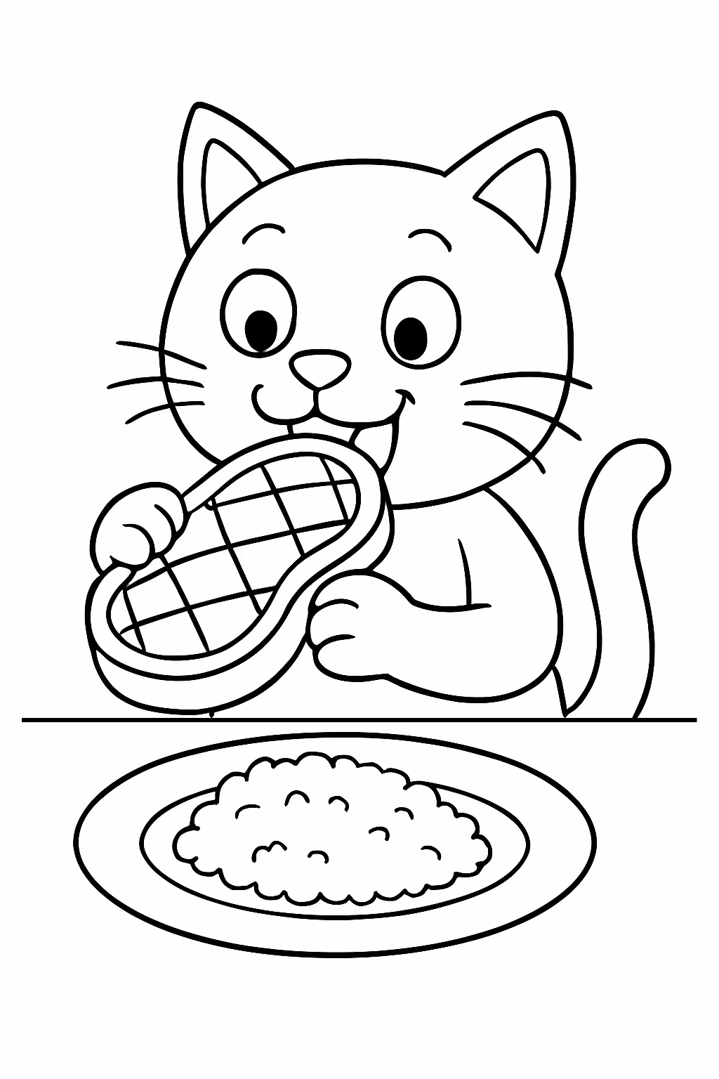 Gatoo comendo bife e abaixo prato meio vasio com arroz para colorir — desenho para imprimir