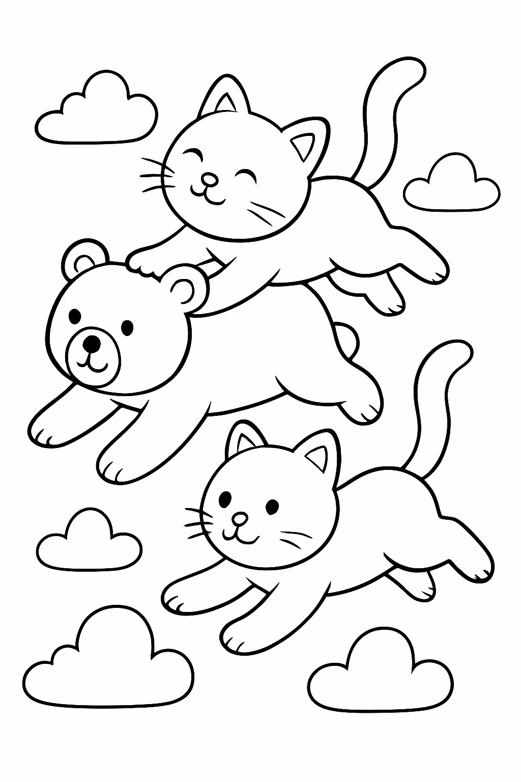 Gatos voando com ursos para colorir — desenho para imprimir