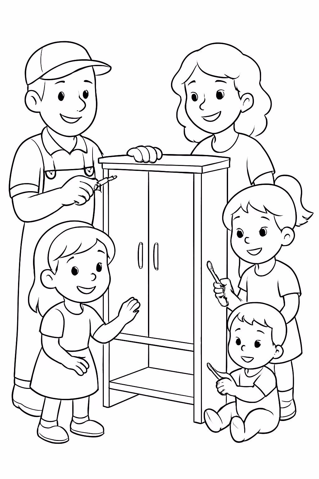 Gerar um marceneiro sua esposa e duas filha e anos para colorir — desenho para imprimir