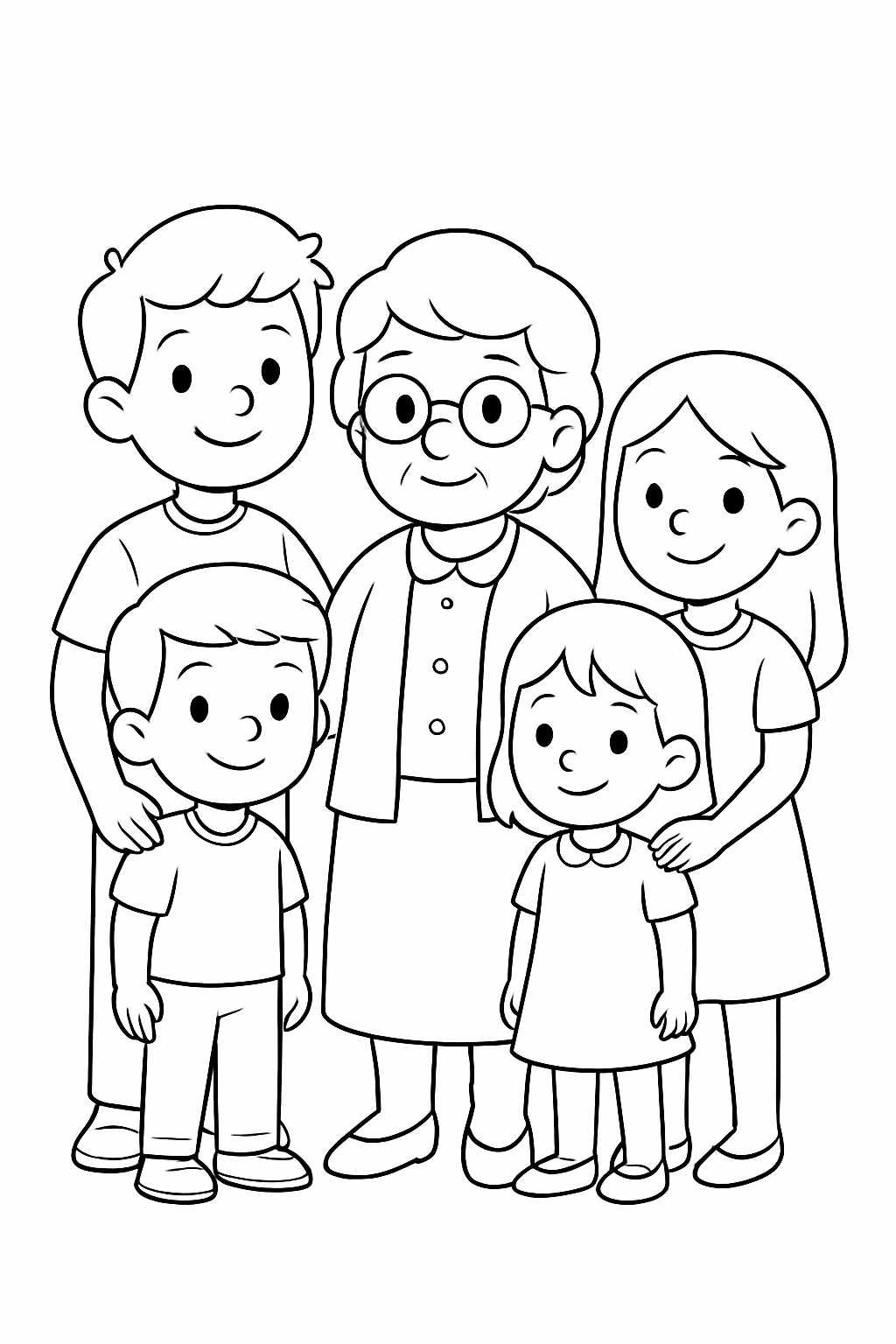 Gere dois netos homens e duas netas e a vo para colorir — desenho para imprimir