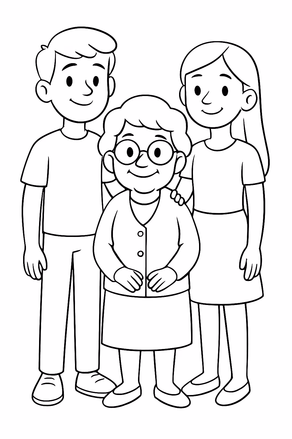Gere dois netos mais altos que a avo no centro para colorir — desenho para imprimir