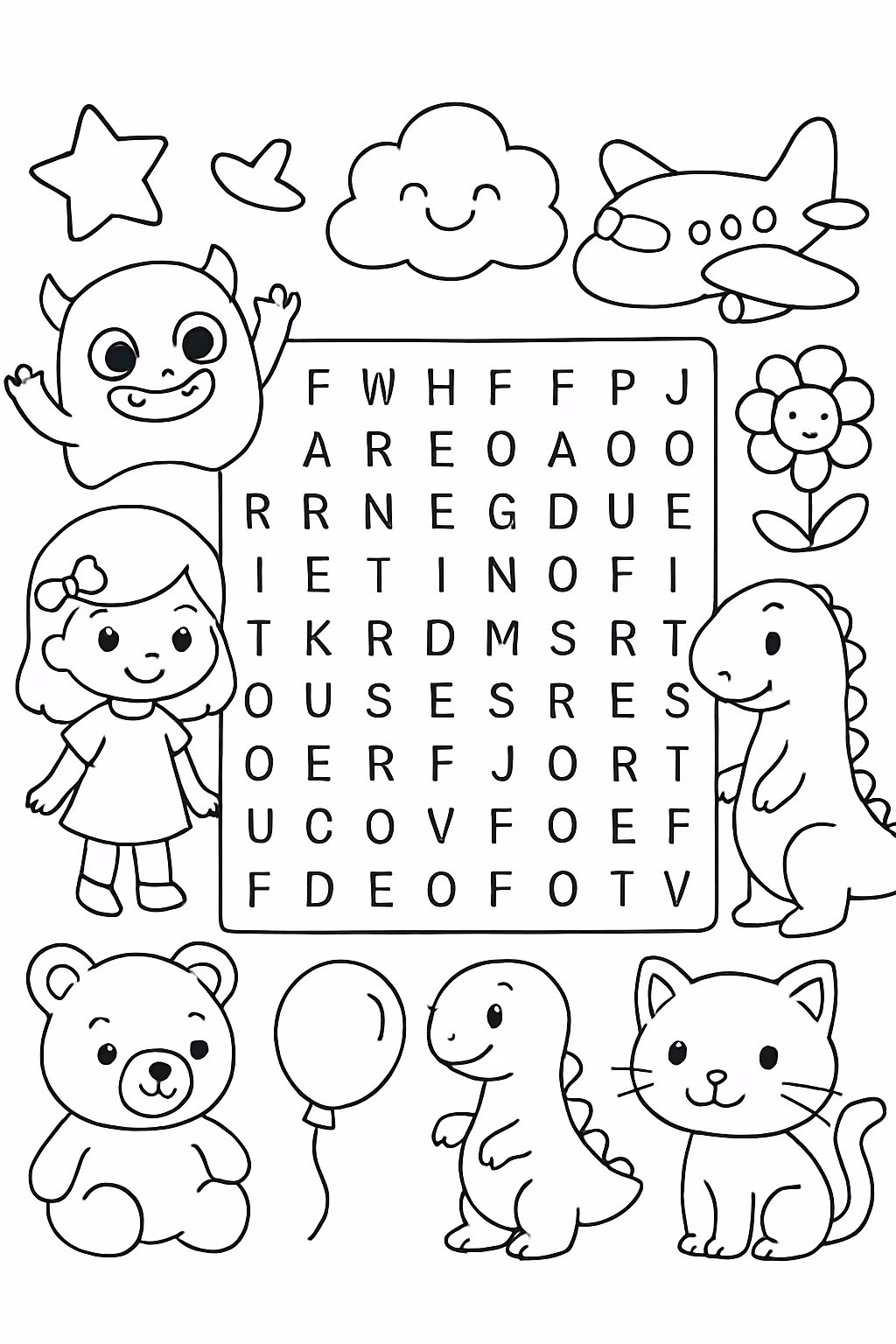 Gere um caca palavras com temas variados para colorir — desenho para imprimir