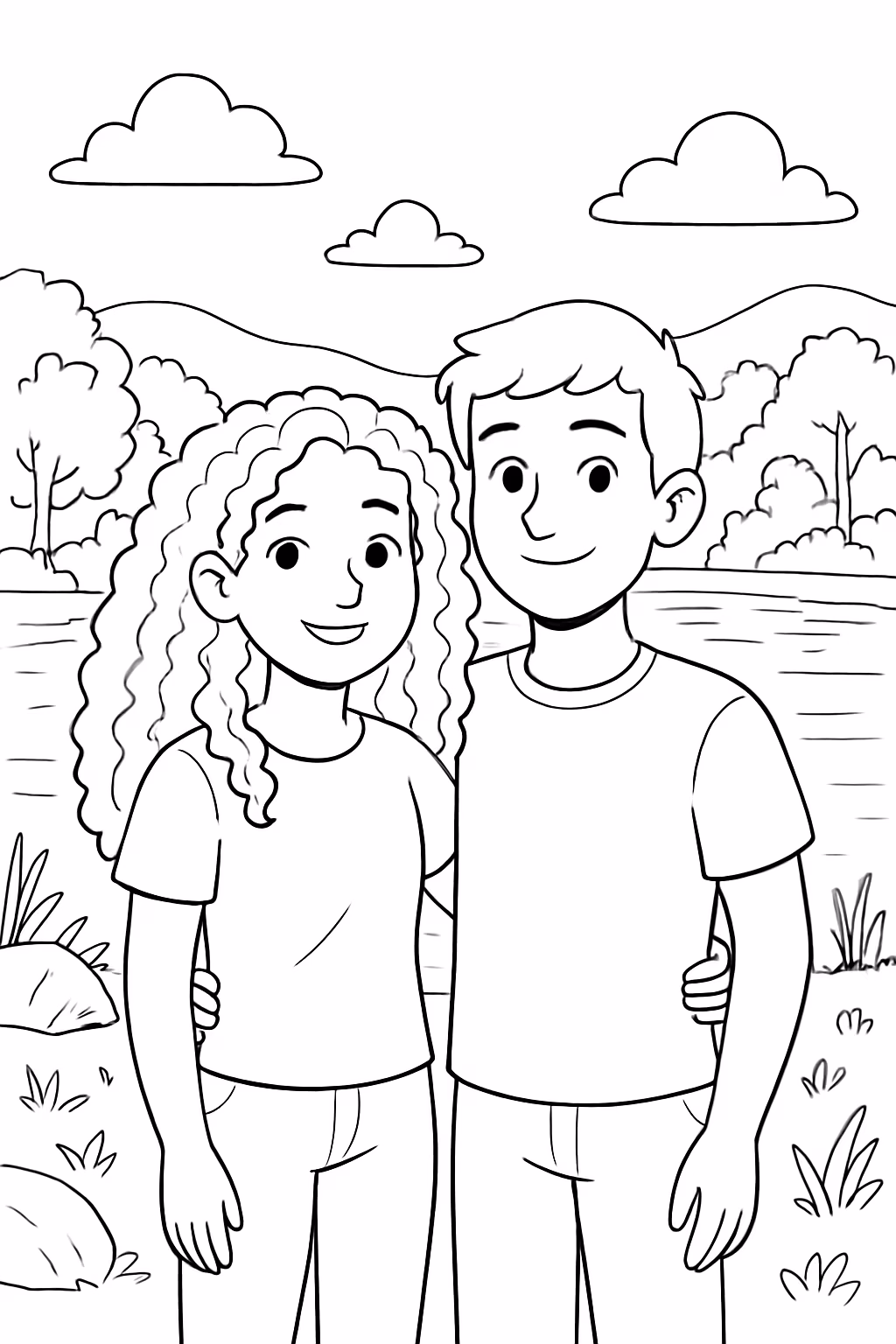 Gere uma menina ruiva cabelo de leoa com u namorado para colorir — desenho para imprimir