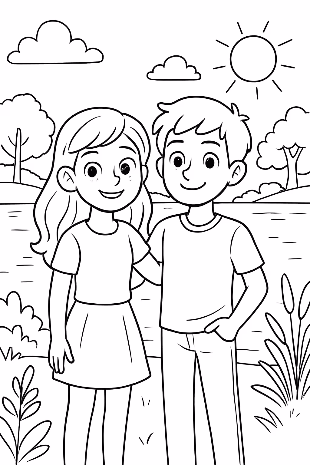 Gere uma menina ruiva com u namorado loiro na lagoa para colorir — desenho para imprimir