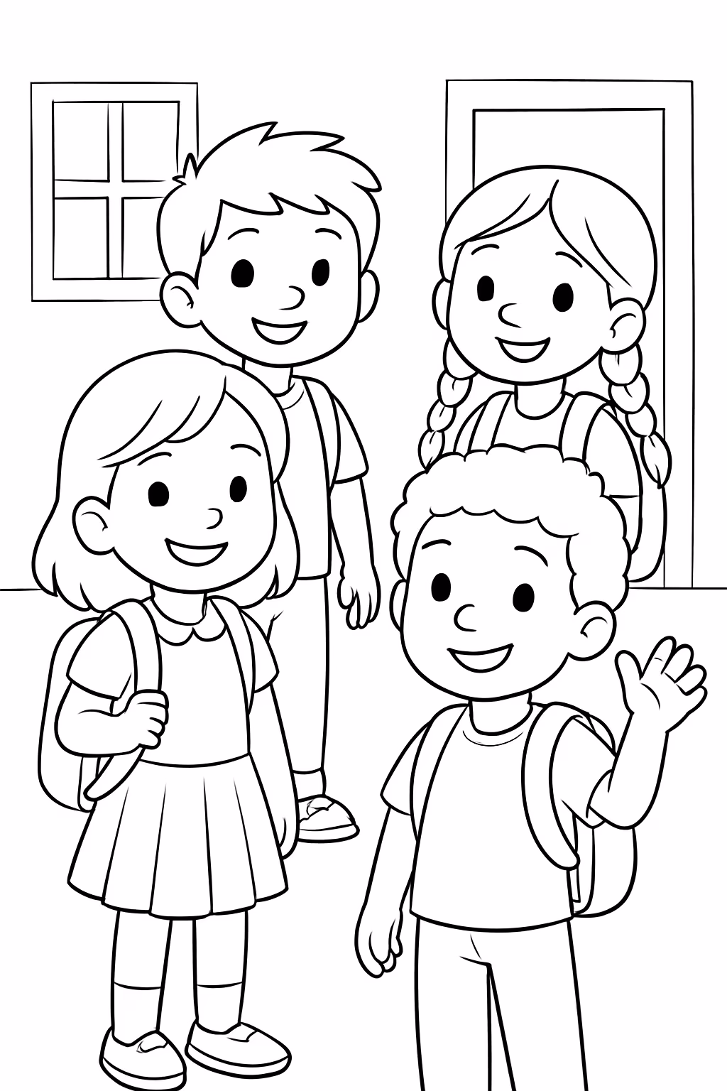 Gere uma turma de amigos na escola para colorir — desenho para imprimir