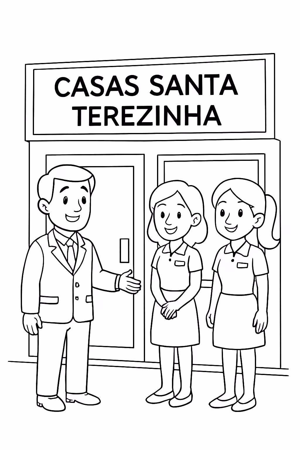 Gerente e vendedoras na frente da loja casas santa terezinha para colorir — desenho para imprimir