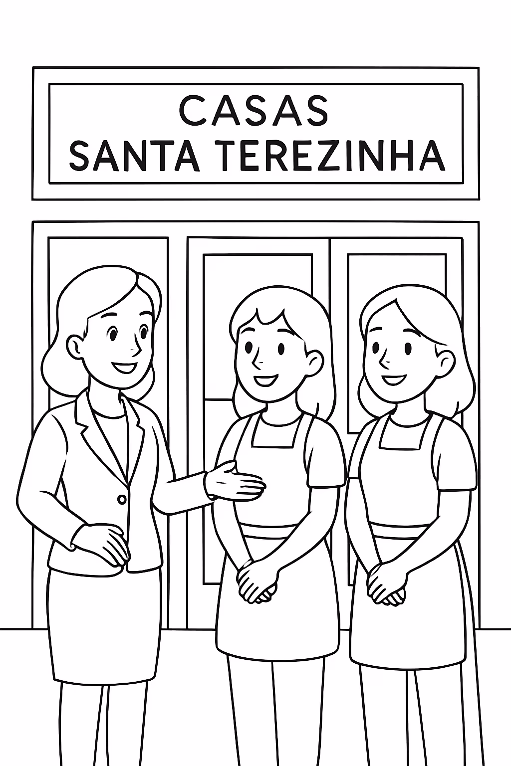Gerente mulhere vendedoras na frente da loja casas santa terezinha para colorir — desenho para imprimir