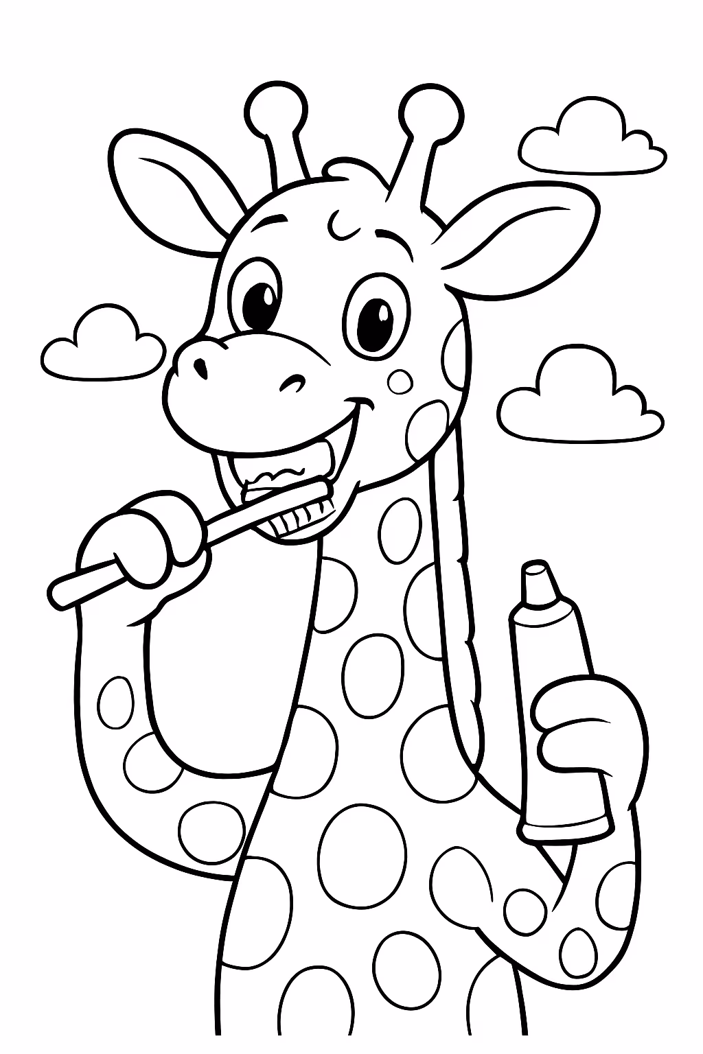 Girafa escovando os dentes para colorir — desenho para imprimir