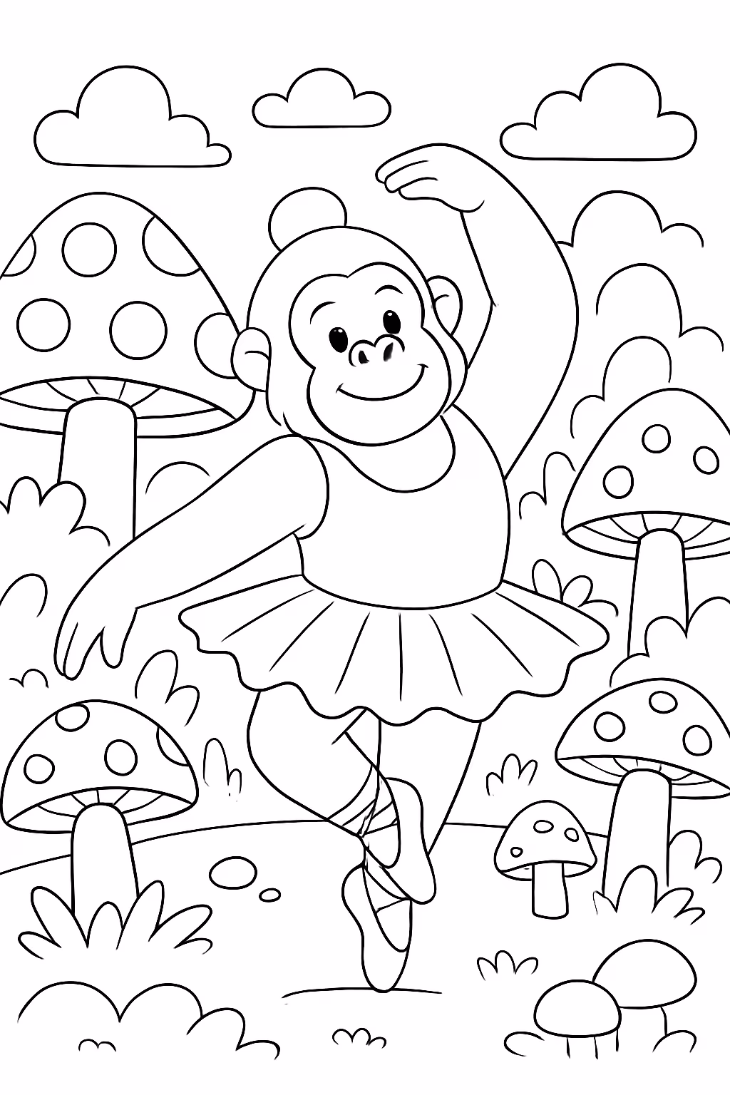 Gorila bailarina dancando na floresta dos cogumelos para colorir — desenho para imprimir
