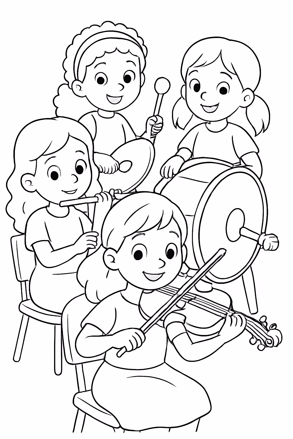 Grupo de meninas tocando em uma orquestra para colorir — desenho para imprimir