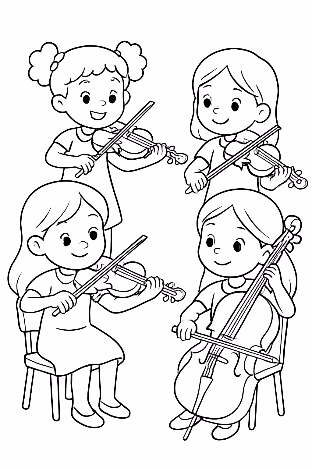 Grupo de meninas tocando em uma orquestra de cordas para colorir — desenho para imprimir