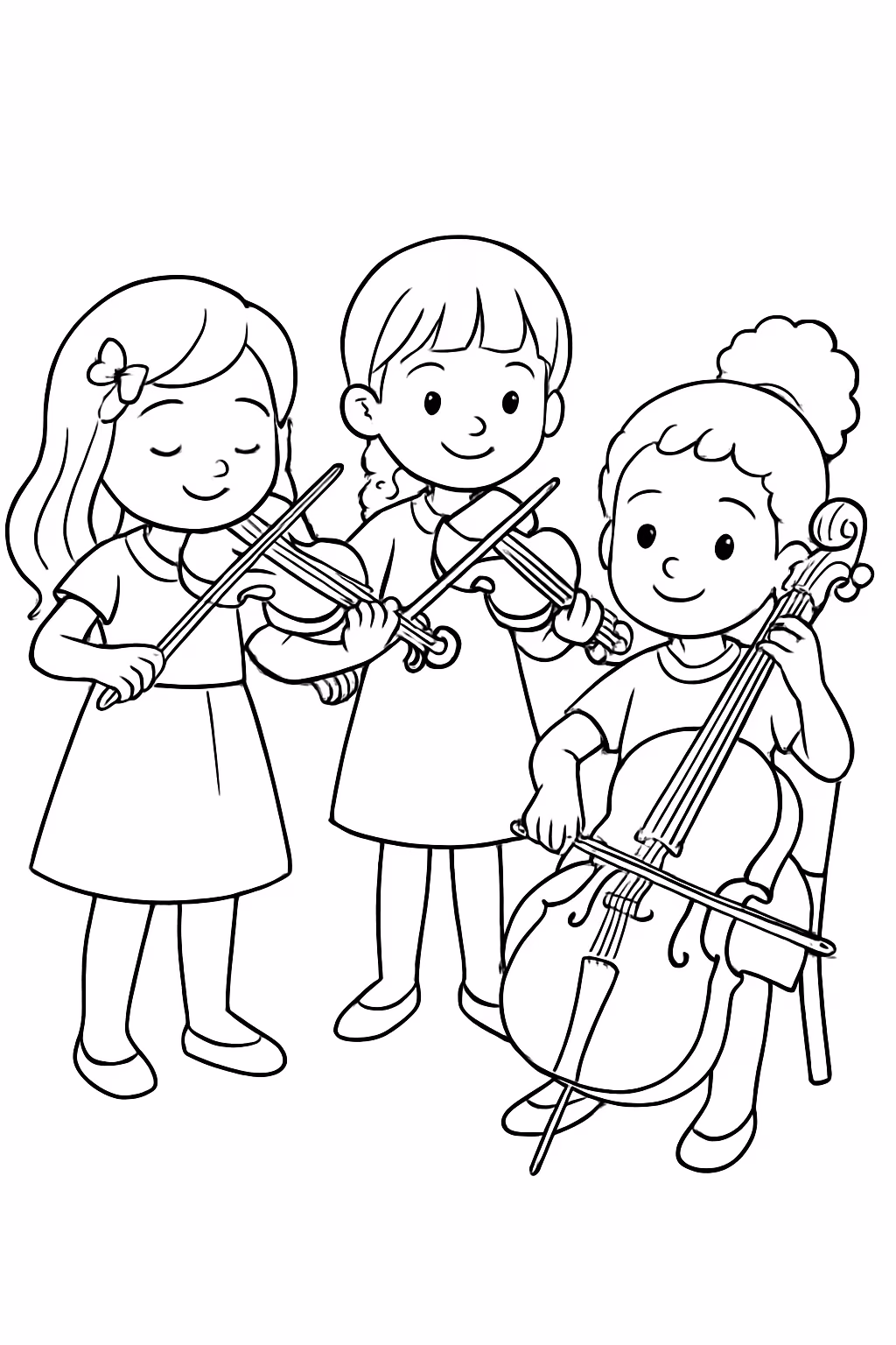 Grupo de meninas tocando violino viola e violoncelo para colorir — desenho para imprimir