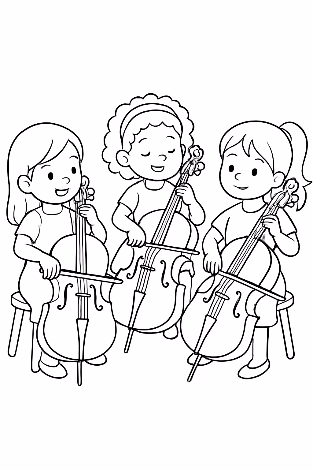 Grupo de meninas tocando violoncelo para colorir — desenho para imprimir