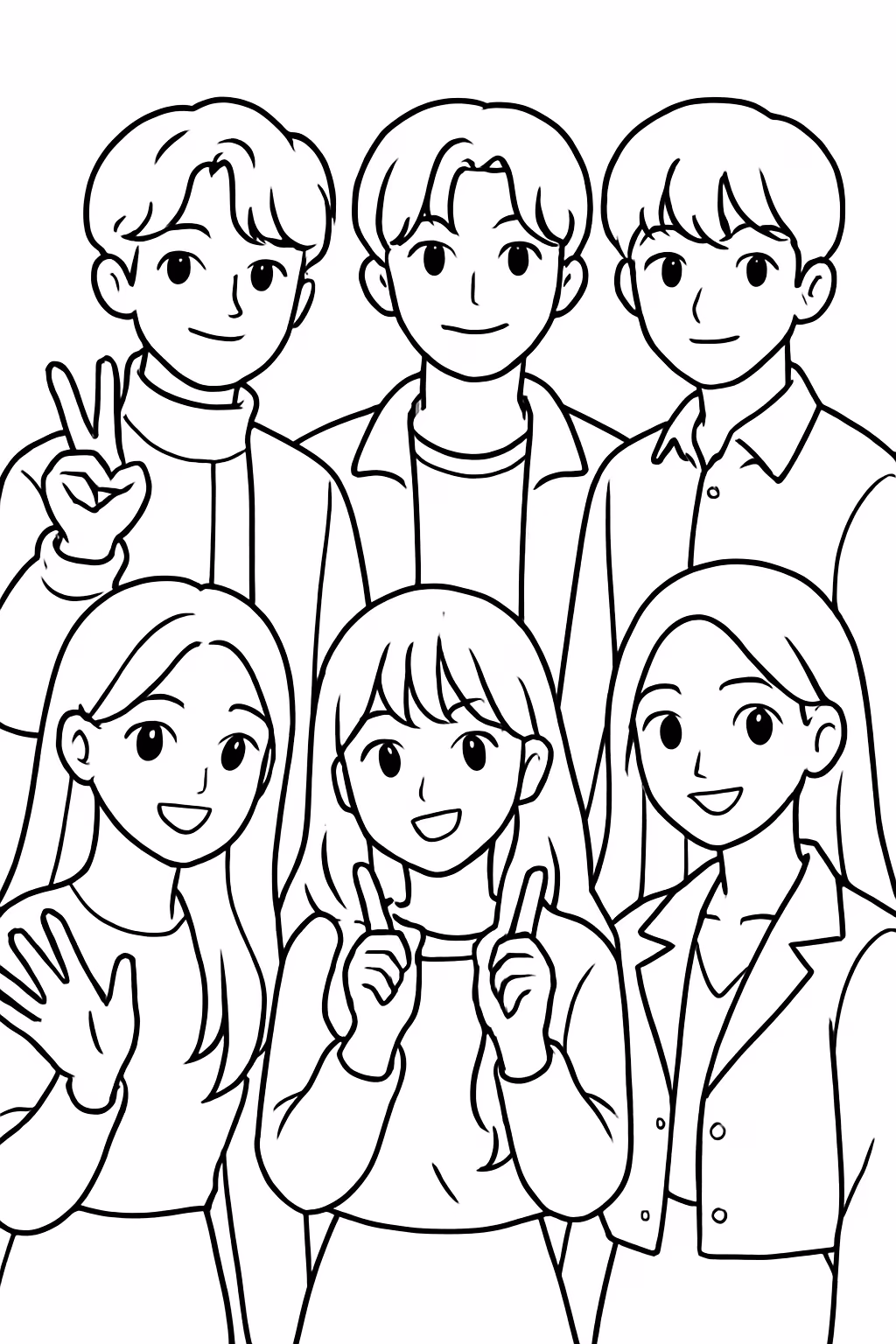 Grupo de seis integrantes de k pop para colorir — desenho para imprimir
