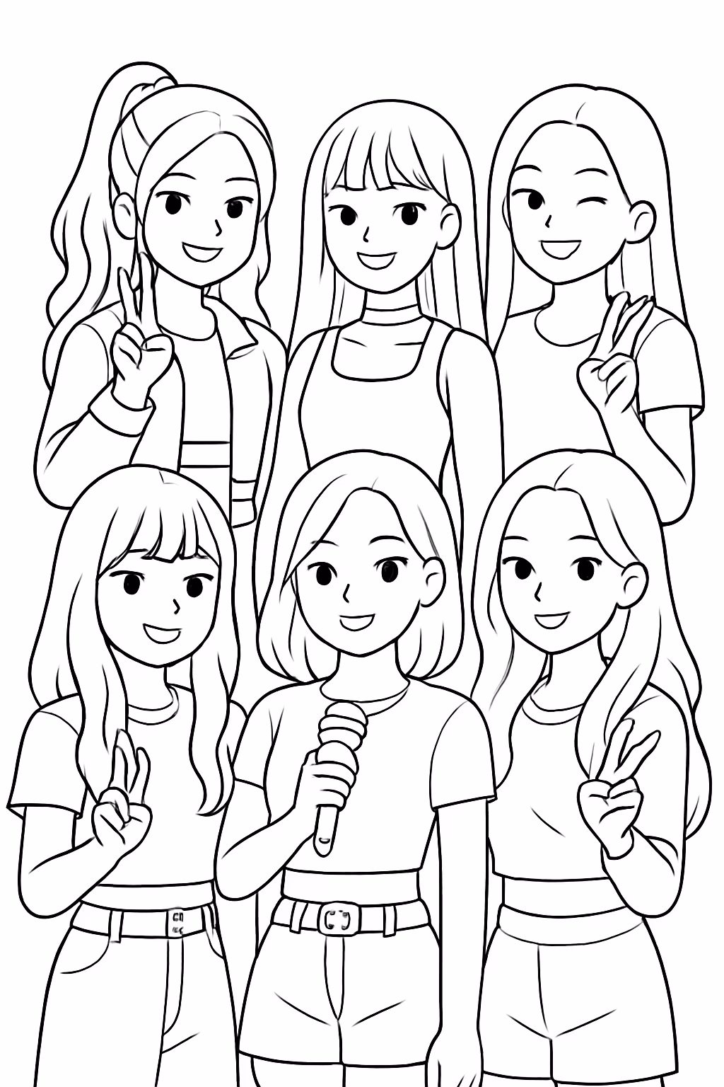 Grupo de seis integrantes meninas de k pop para colorir — desenho para imprimir