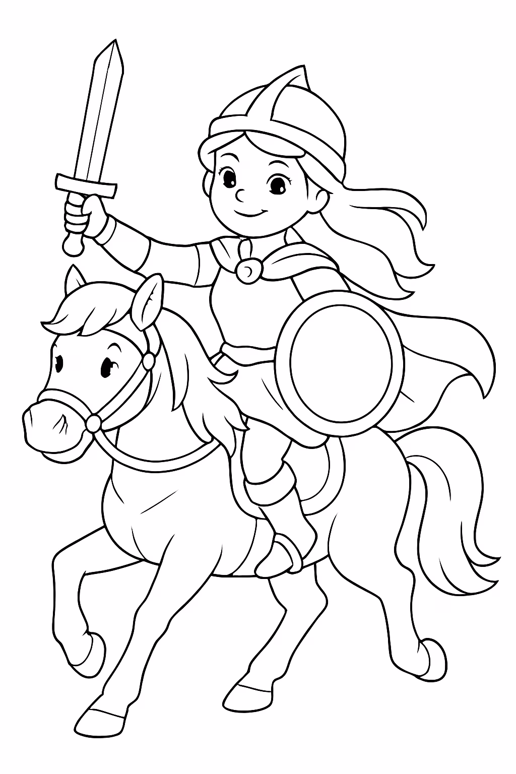 Guerreira montada num cavalo indo a luta para colorir — desenho para imprimir
