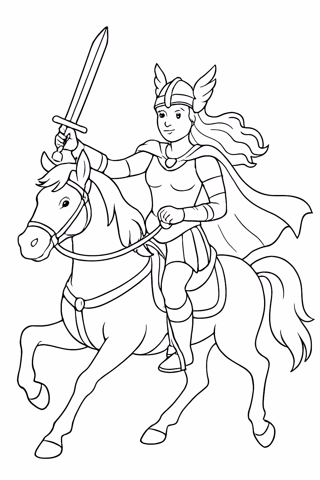 Guerreira montada num cavalo indo a luta estilo realista para colorir — desenho para imprimir
