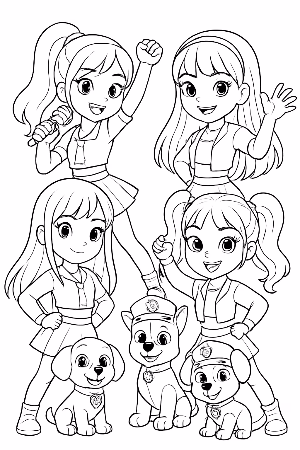 Guerreiras do k pop com patrulha canina para colorir — desenho para imprimir