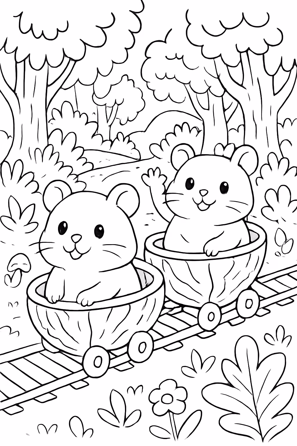 Hamsters viajando em um trem feito de cascas de noz para colorir — desenho para imprimir