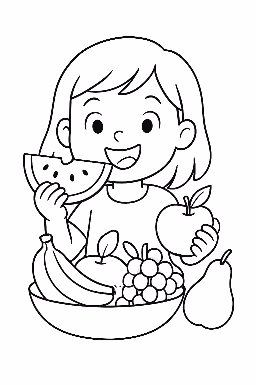 Helena comendo varias frutas para colorir — desenho para imprimir