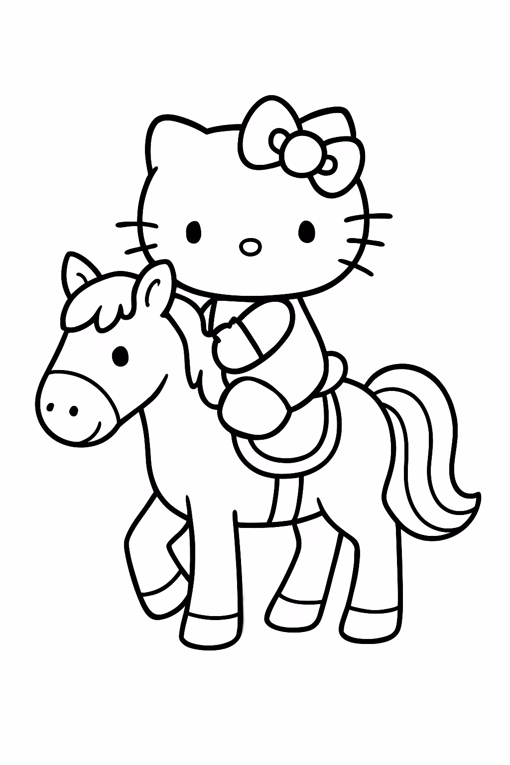 Hello kitt em cima de um cavalo para colorir — desenho para imprimir
