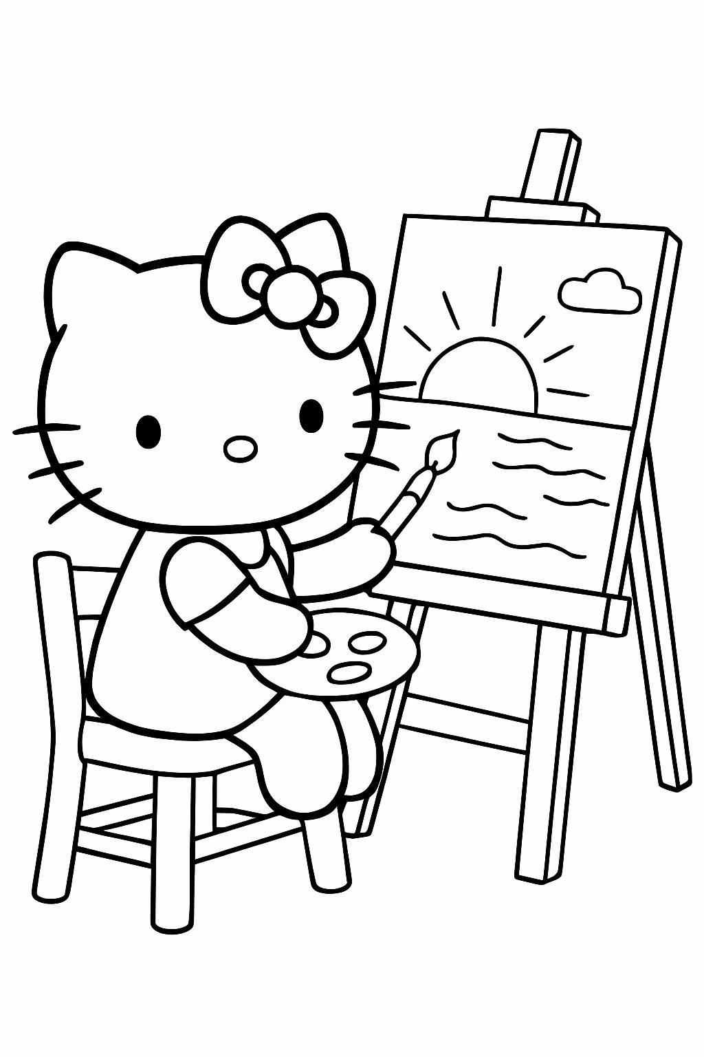 Hello kitty sentada em uma cadeira pintado uma paisagem do para colorir — desenho para imprimir