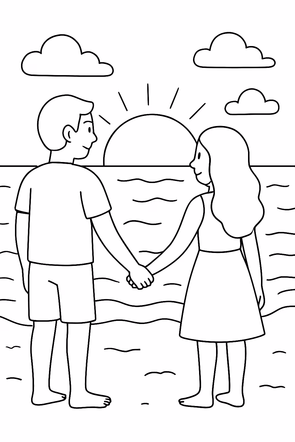 Homem de maos dadas com mulher na praia vendo por para colorir — desenho para imprimir