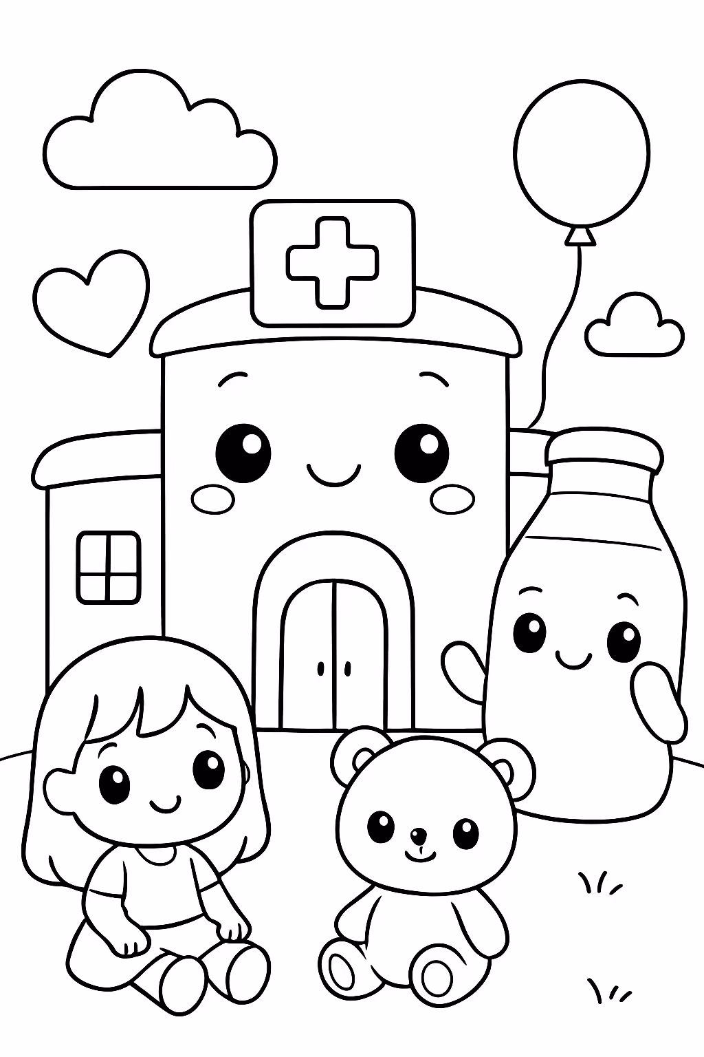 Hospital pediatrico kawaii para colorir — desenho para imprimir