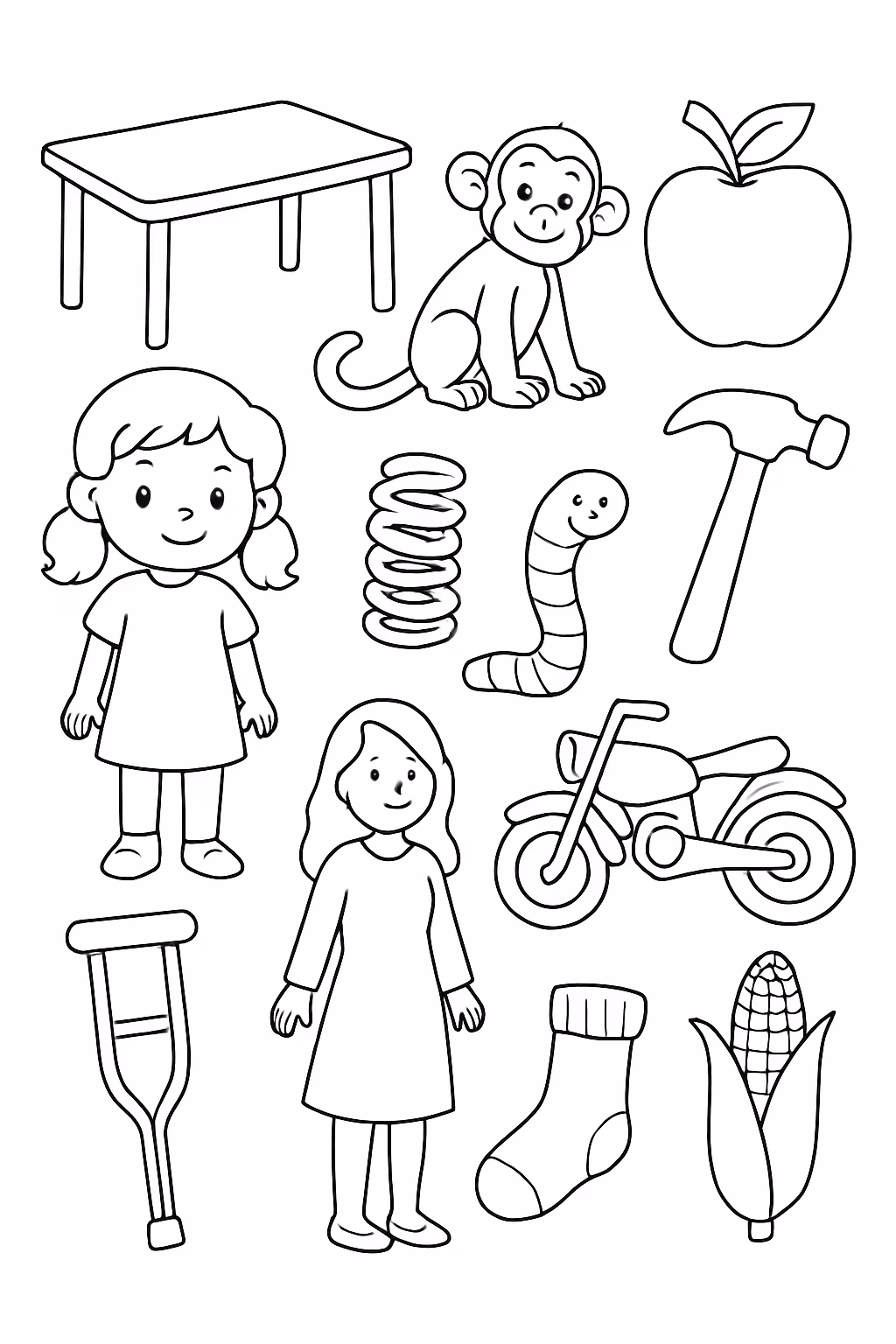 Imagens com a letra m mesa macaco maca menina mola para colorir — desenho para imprimir