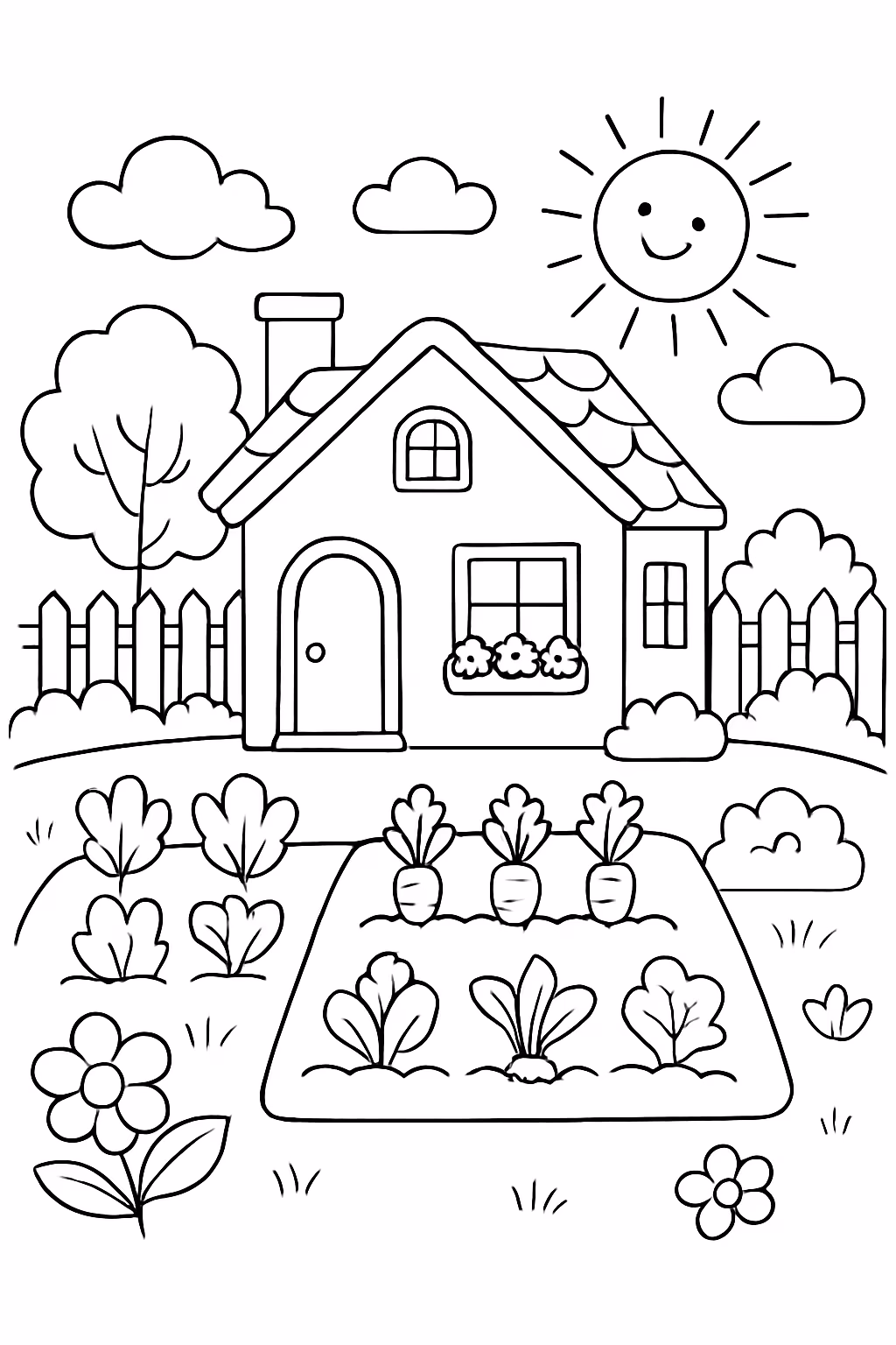 Jardim com casa e horta para colorir — desenho para imprimir