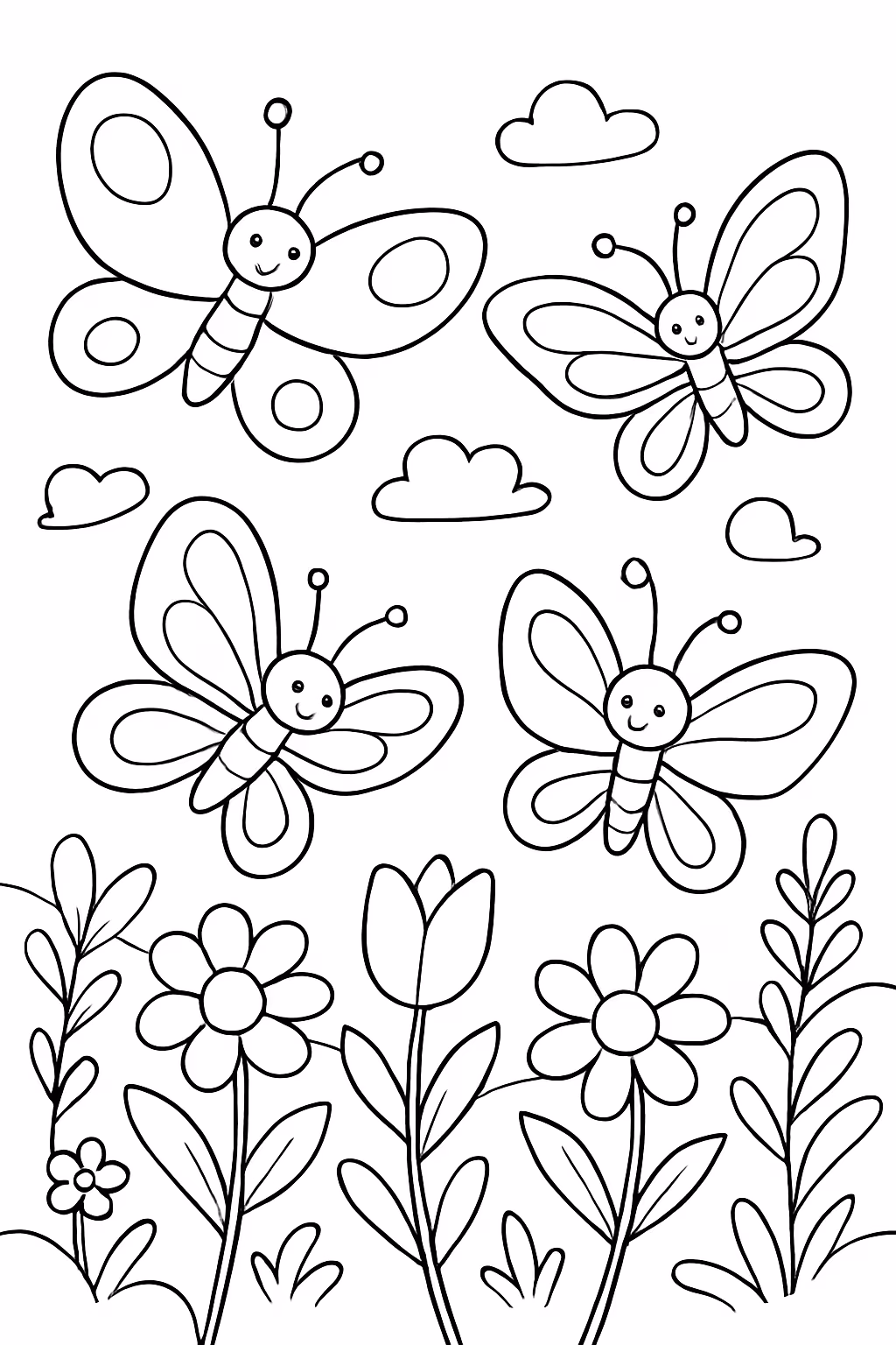 Jardim encantado com borboletas voando para colorir — desenho para imprimir