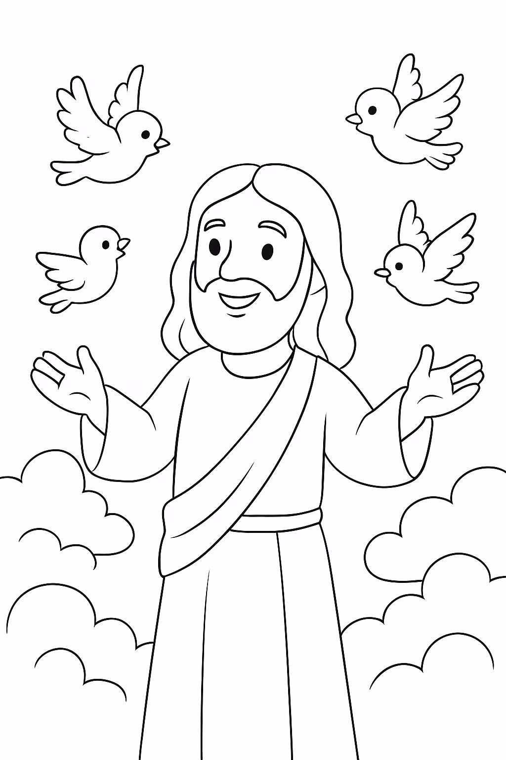 Jesus no ceu e passarinhos para colorir — desenho para imprimir