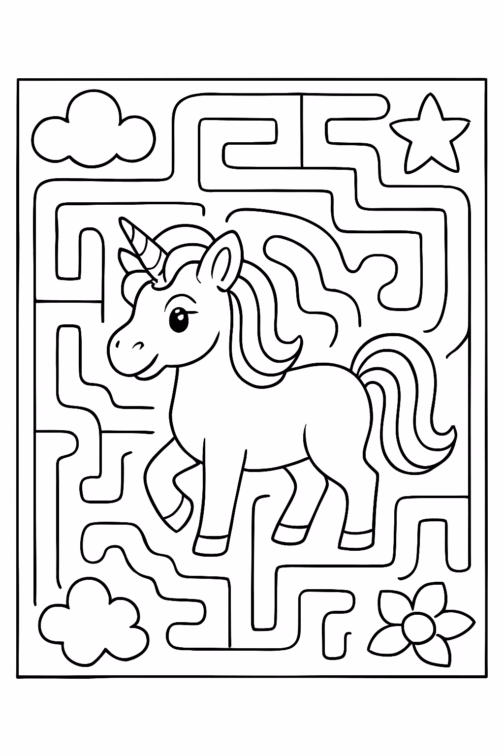 Labirinto unicornio em quadrado para colorir — desenho para imprimir