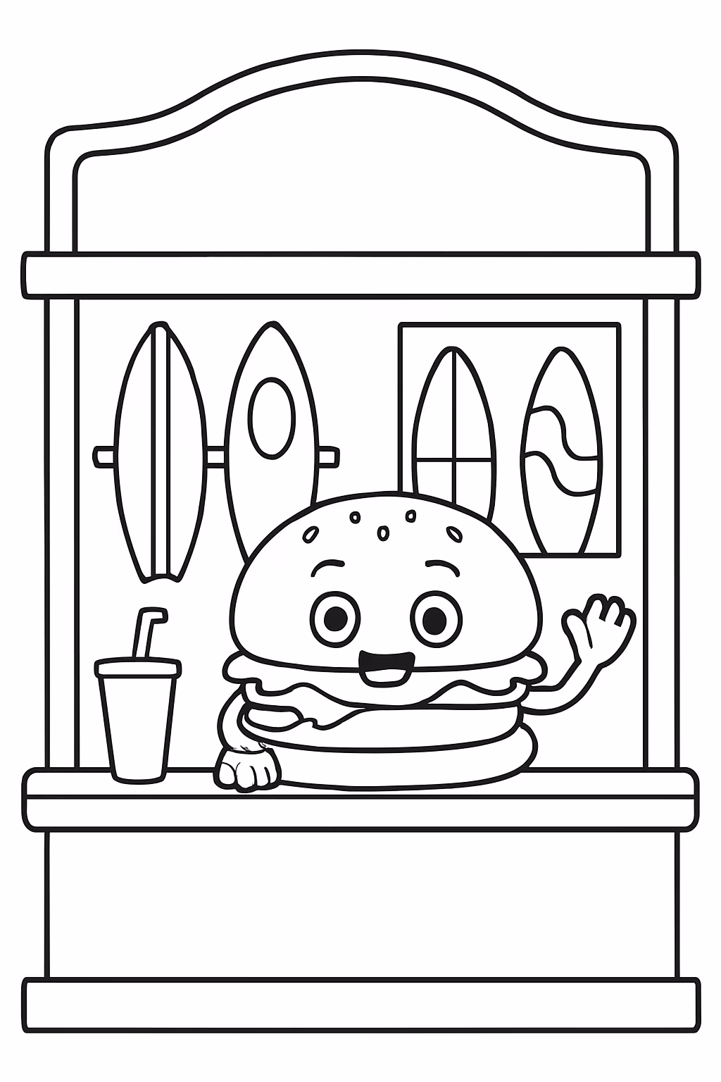 Lanchonete chamada zimbrus com pranchas na parede para colorir — desenho para imprimir