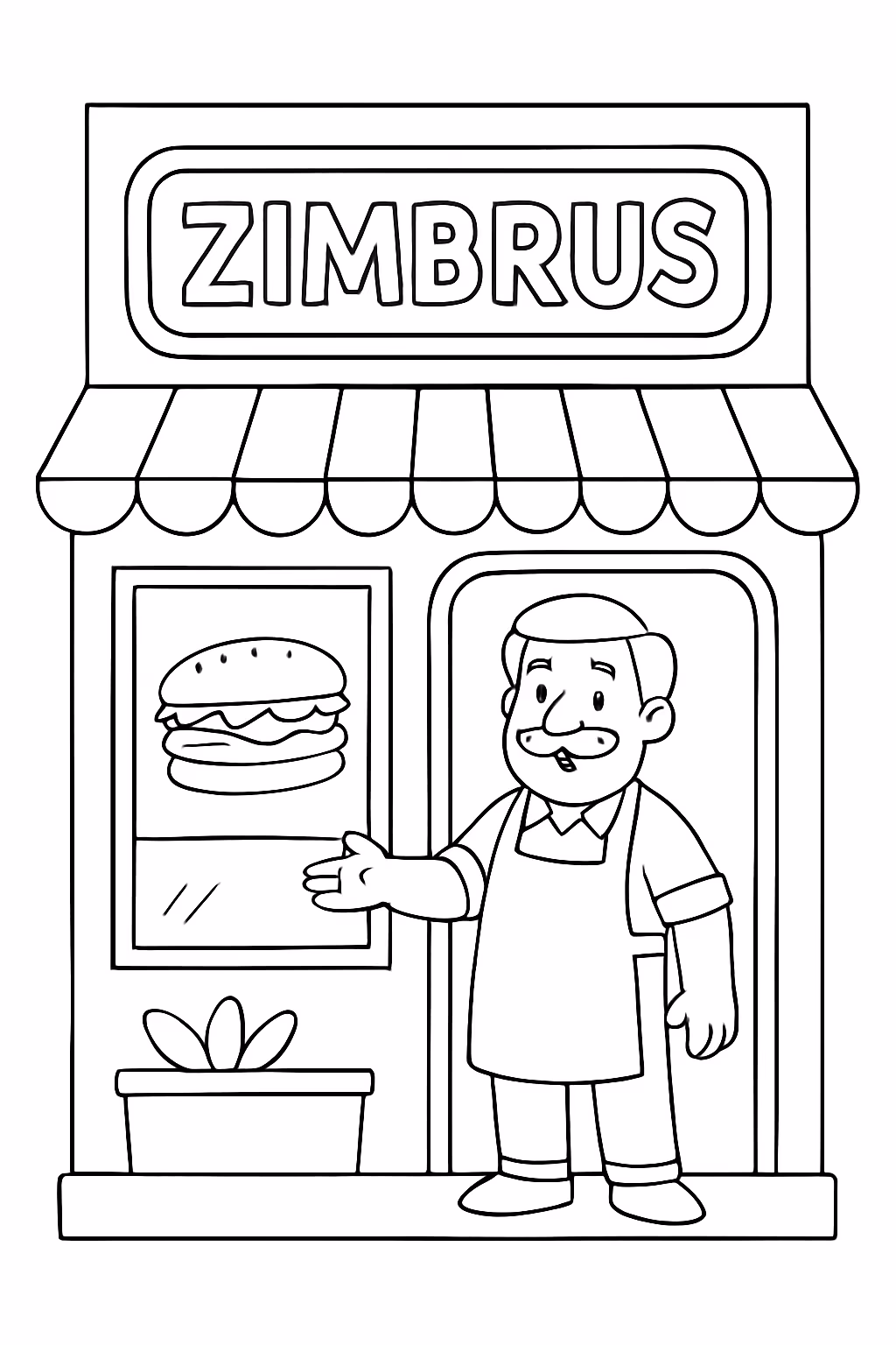 Lanchonete chamada zimbrus com senhor na porta para colorir — desenho para imprimir