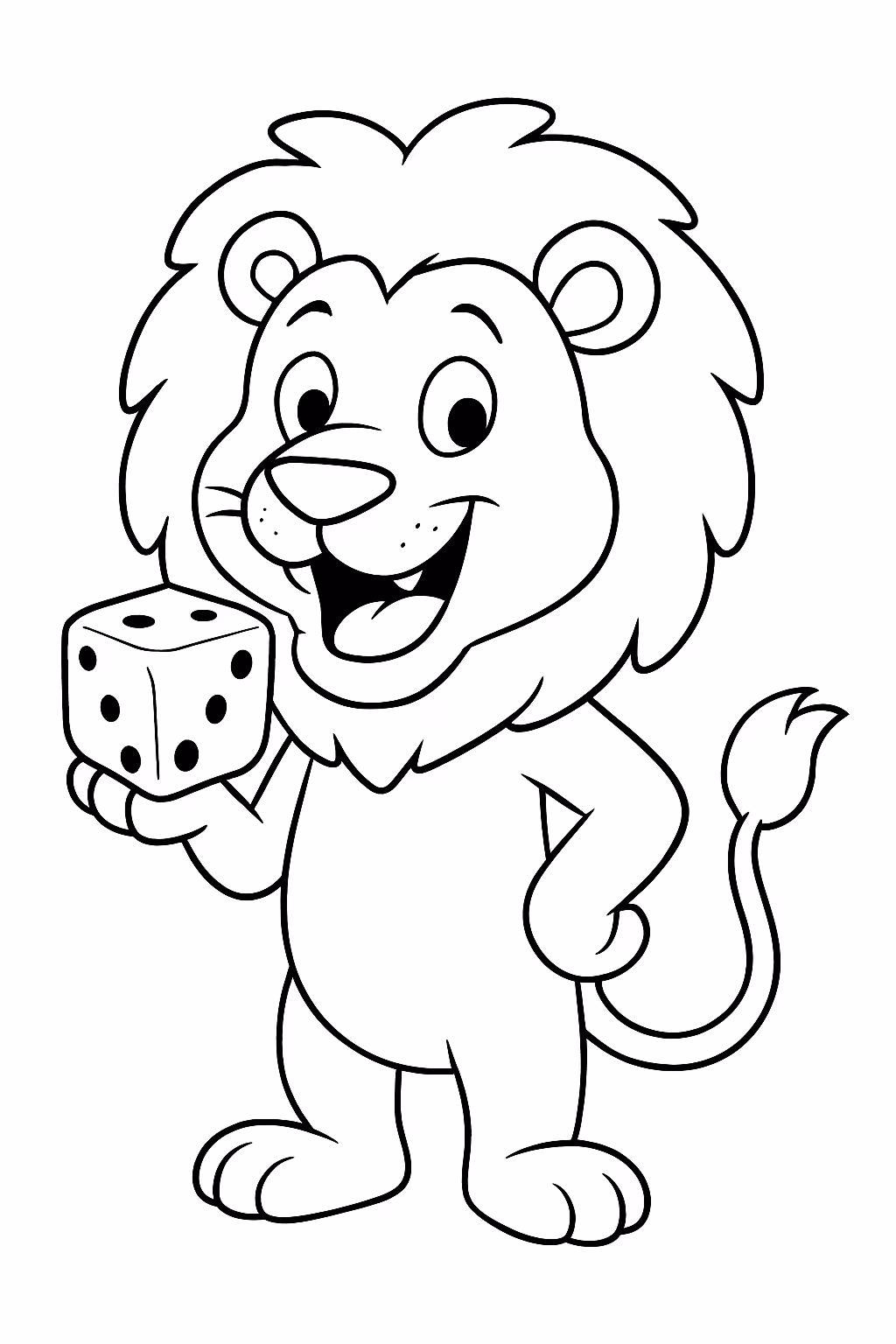 Leao com dente grande levando um dado para colorir — desenho para imprimir