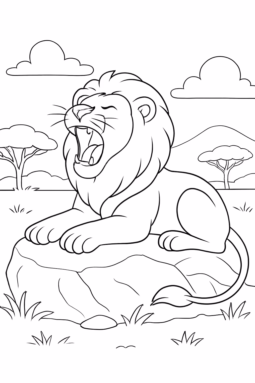 Leao na savana deitado em uma pedra rugindo para colorir — desenho para imprimir