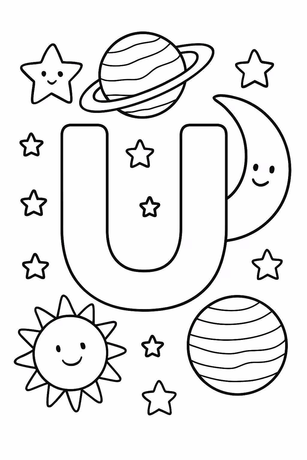 Letra u no universo com os planetas estrela lua sol para colorir — desenho para imprimir