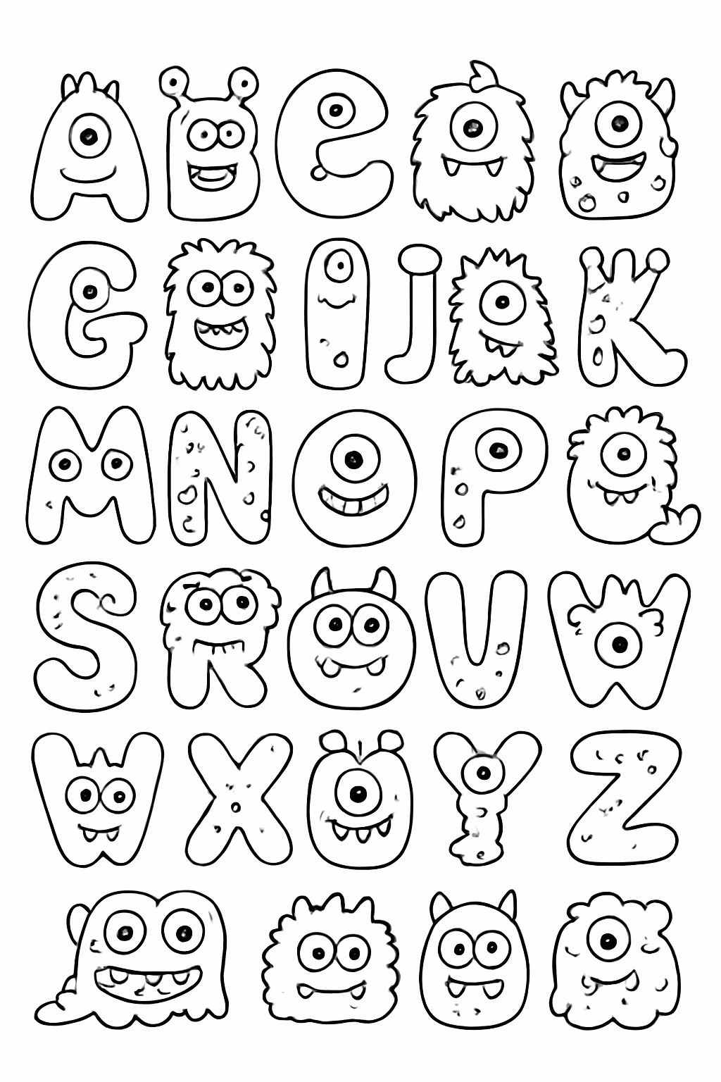 Letras monstros alfabeto de a a z para colorir — desenho para imprimir
