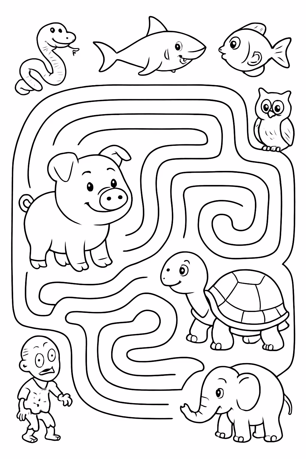 Leve o porco ate a tartaruga faca um labirinto sem para colorir — desenho para imprimir