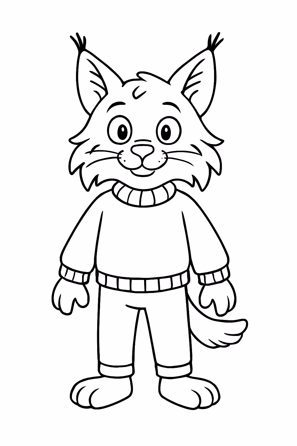 Lince canadense antropomorfico peludo usando sueter e calca para colorir — desenho para imprimir