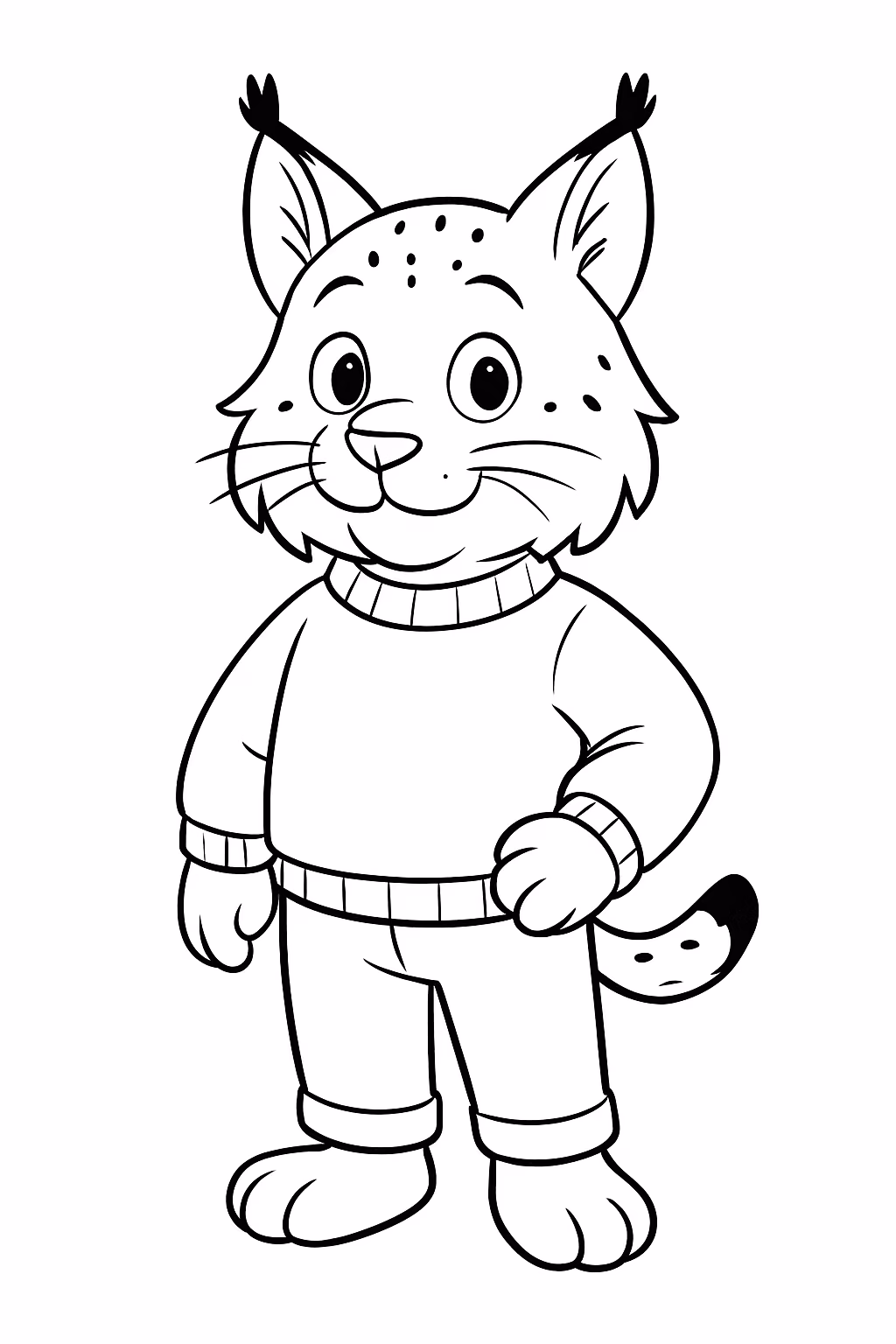 Lince canadense antropomorfico usando sueter e calca para colorir — desenho para imprimir
