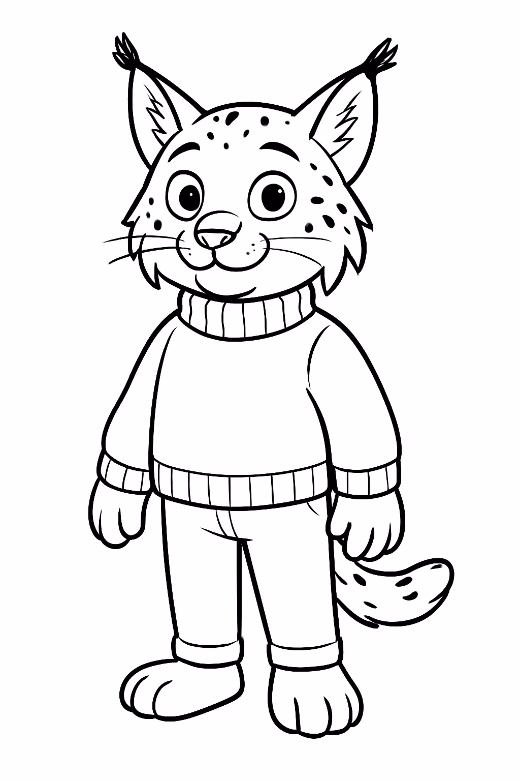 Lince canadense antropomorfico usando sueter e calca com detalhes preto para colorir — desenho para imprimir