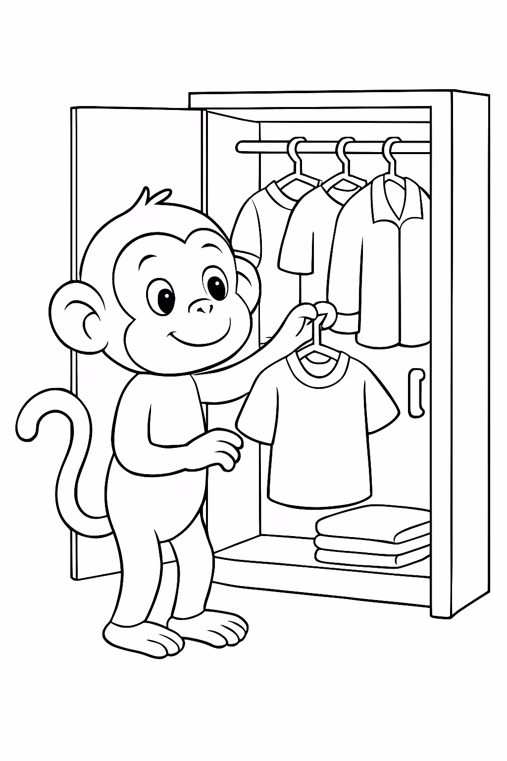 Macaco guardando a roupa no guarda roupa para colorir — desenho para imprimir