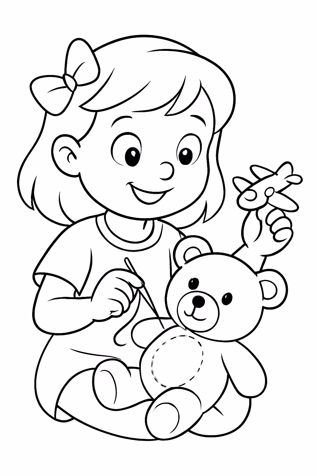 Mae bordando um ursinho com um aviazinho na mao para colorir — desenho para imprimir